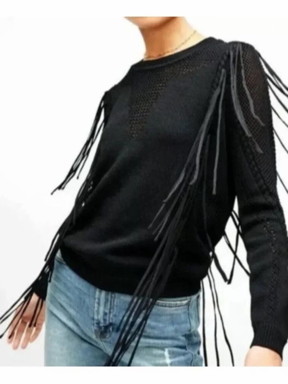 7 For All Mankind Open Weave Knite Fringe Black Sweater Size XS